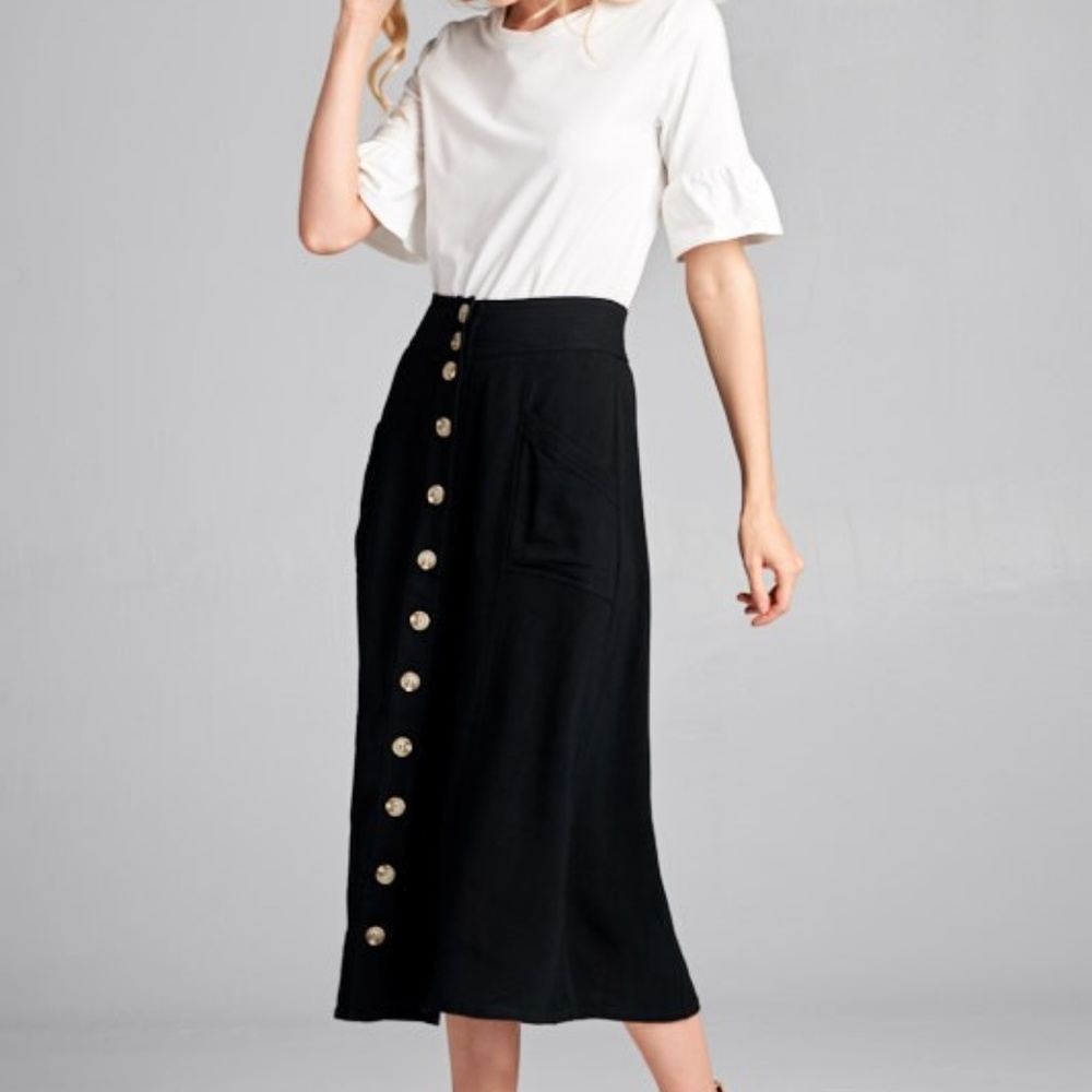 Black Midi Skirt with Buttons